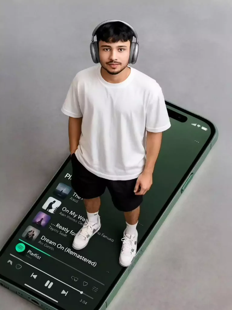 A stylish photo of me (uploaded photo as reference) as young mate model with messy comma hair stands on a giant iPhone 16 screen showing a Spotify playlist. He wears 2025 AirPods Max, an oversized white shirt, black shorts, and white Air Jordans. The top-down angle highlights the scale of the phone. The vibe is sleek, modern, and minimal.
