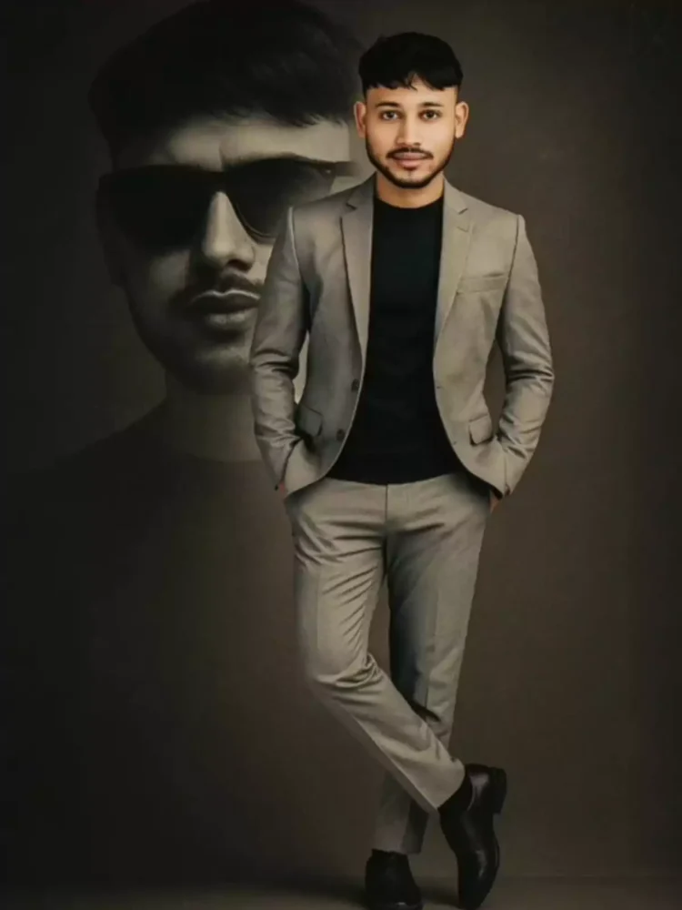 Modern style poster design featuring an south indian man (as per uploaded image) with neat messy coma hair with a split personality concept. On the front, a full-color version is shown: the man is wearing a modern light gray suit, standing casually with one leg crossed in front, hands in pockets, a confident and charismatic face. In the background, a black-and-white version of him is seen wearing sunglasses, staring intently ahead with a mysterious expression
