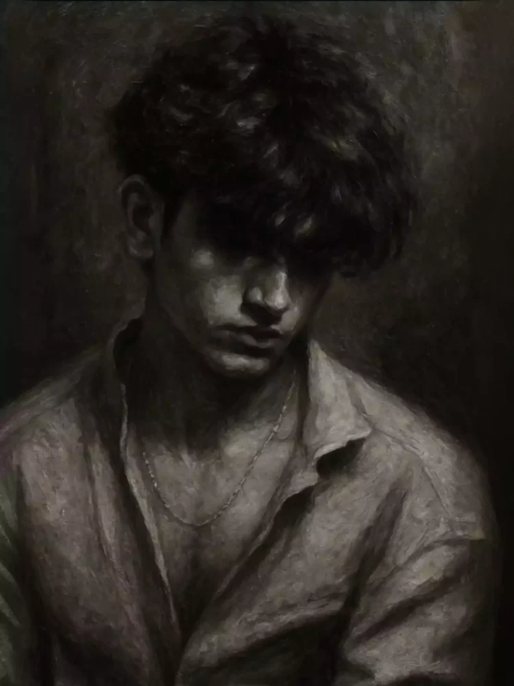 Transform this selfie into a moody black-and-white oil painting. The subject's head should be tilted downward, eyes unseen, with thick, wavy hair partially covering the forehead and eyebrows. Use expressive brushstrokes, deep shadows, and grainy textures to evoke a melancholic, introspective mood. Lighting must be dramatic and chiaroscuro-style, with a dim, textured background. Maintain a painterly feel with rich contrast and soft edges, as if done on canvas with oil paints.
