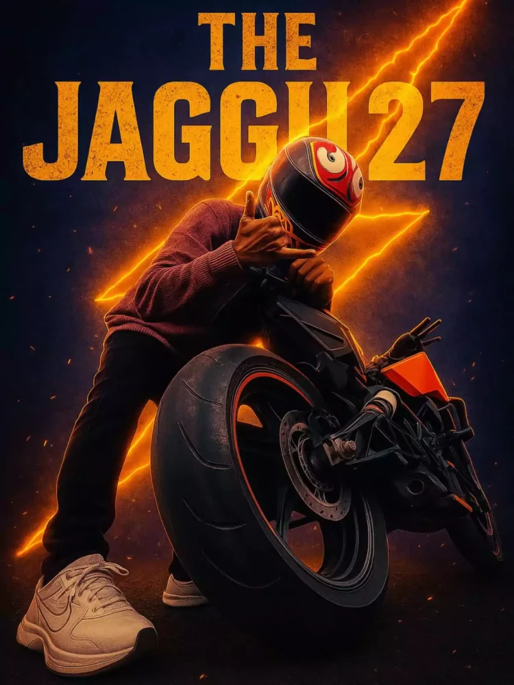 Prompt :- create image into a “the jaggu27″text at background and with vfx edits like thundar logo design at background into a poster