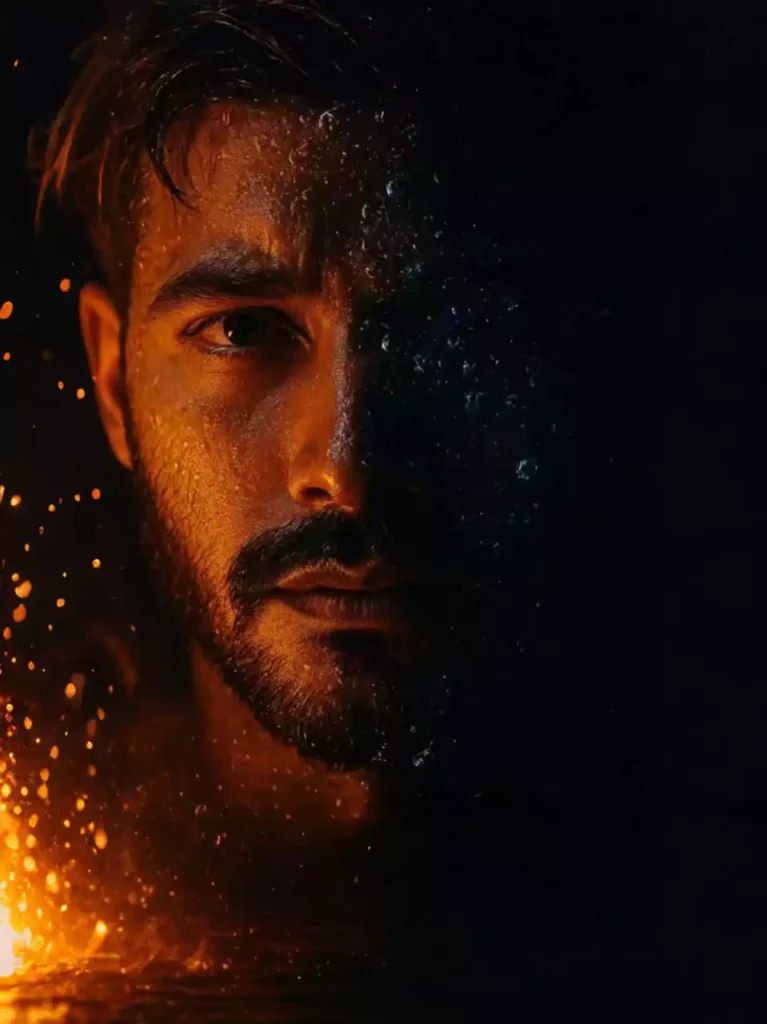 Create a high-contrast close-up portrait of the referenced man. The image should depict only the left half of his face, partially submerged in water, with fire and ice droplets and bubbles visible on skin and hair. Illuminate the left side of the face dramatically, casting the rest into deep shadow. dark background, detail into skin texture, PHOTO beard stubble, and eye focus to evoke a moody color. cinematic atmosphere. 3:4 orientation.
