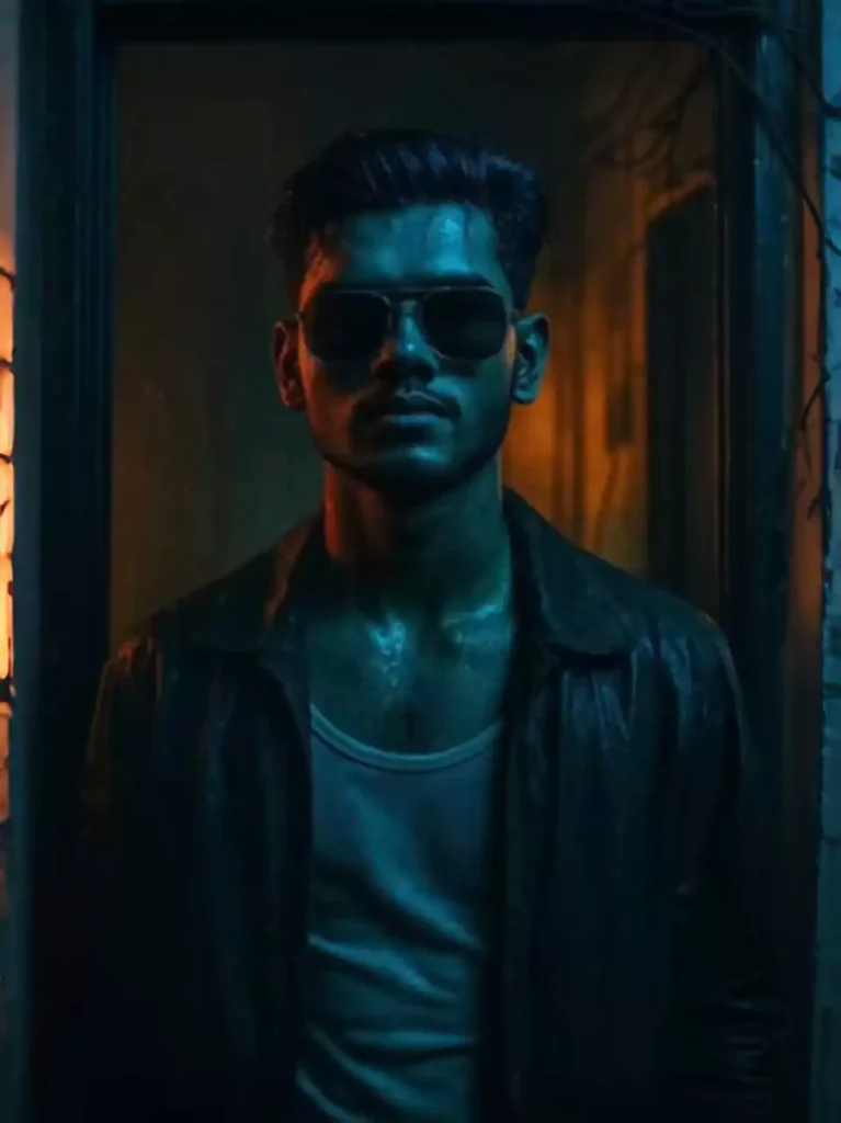 Convert this photo into a cinematic portrait of a young man standing in a doorway at night. Apply dramatic colored lighting: blue from the front and warm orange behind him in the room. The setting should look slightly gritty or vintage, like an old apartment with tile walls and visible wires. Add soft shadows, rain or misty atmosphere, and a film grain texture for a moody, neo-noir feel. Wet hair, white tank top, and an open dark jacket. Make the image highly detailed, realistic, and color-graded like a movie still."
