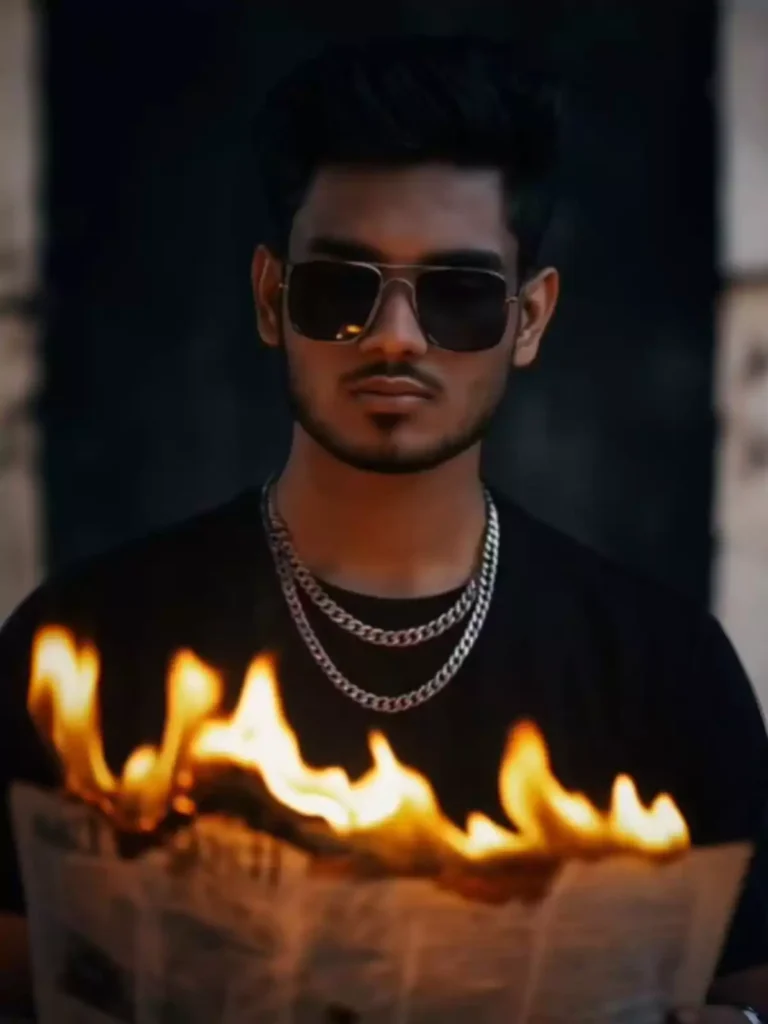 subject should wear a black shirt and layered silver chains for a bold, modern look. The expression should be serious and contemplative as the person looks down at the burning newspaper. The atmosphere should be intense and mysterious. Replace the face with the person from the uploaded photo, matching the lighting, skin tone, and perspective realistically. Keep the image high quality and photorealistic.
