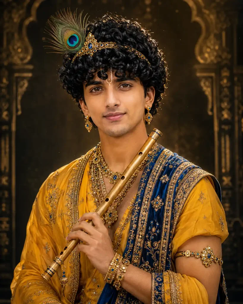 Use the uploaded reference image as the person's identity reference. Keep the face completely recognizable and natural. Create a high-fashion Krishna Janmashtami portrait with a stylish modern interpretation of Krishna-inspired traditional clothing, rich yellow fabric, royal blue accents, elegant gold jewelry and a detailed peacock feather crown. Luxury studio background with subtle temple-inspired patterns, dramatic cinematic key light and rim light, 50mm lens, editorial fashion photography, realistic skin texture, premium color grading, ultra detailed 8K, vertical 4:5, viral social media aesthetic.